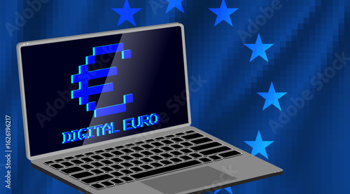 Vector gray 3d mobile computer. Glowing blue digital euro symbol on screen. Virtual electronic money of European Union. Pixel flag of Europe. Technology, finance and economics