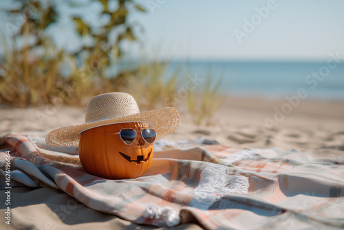 Cute pumpkin face with sunglasses and hat on the beach. Concept: end of summer, close of summer season, change of season, beginning of fall, early fall.