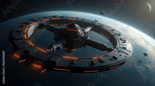 Fototapeta Naklejka Na Ścianę i Meble -  Massive sci-fi space station orbiting a gas giant planet, ring-shaped docking structures connected by bridges, multiple spacecraft flying nearby, dark outer space. AI Generative