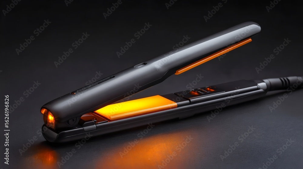 custom made wallpaper toronto digitalClose-up of a sleek black hair straightener with glowing orange heating plates, set against a dark background.
