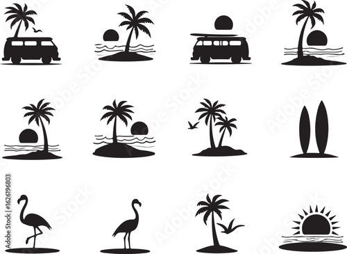 Tropical island vibes van life and surfboards in scenic beach icons