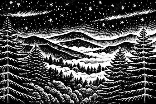 Night over Smoky Mountains with stars, fog, and pine forest, black and white line art illustration