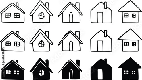 Collection of hand drawn house icons in outline and silhouette
