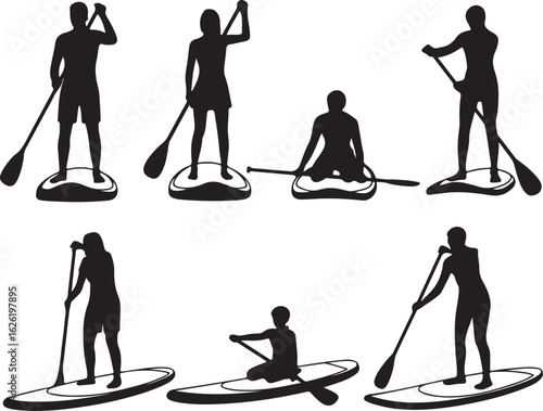 Paddleboarders silhouette collection paddleboarding water