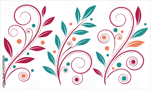 Colorful floral swirls and leaves design vine leaf
