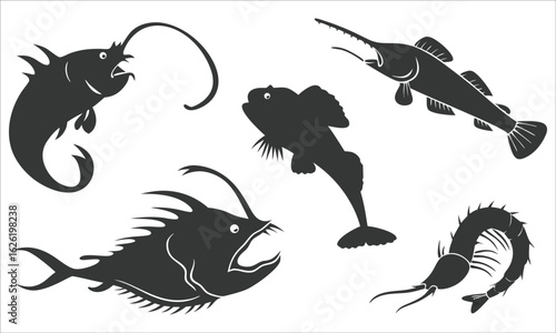 Deep sea creatures silhouettes on white background