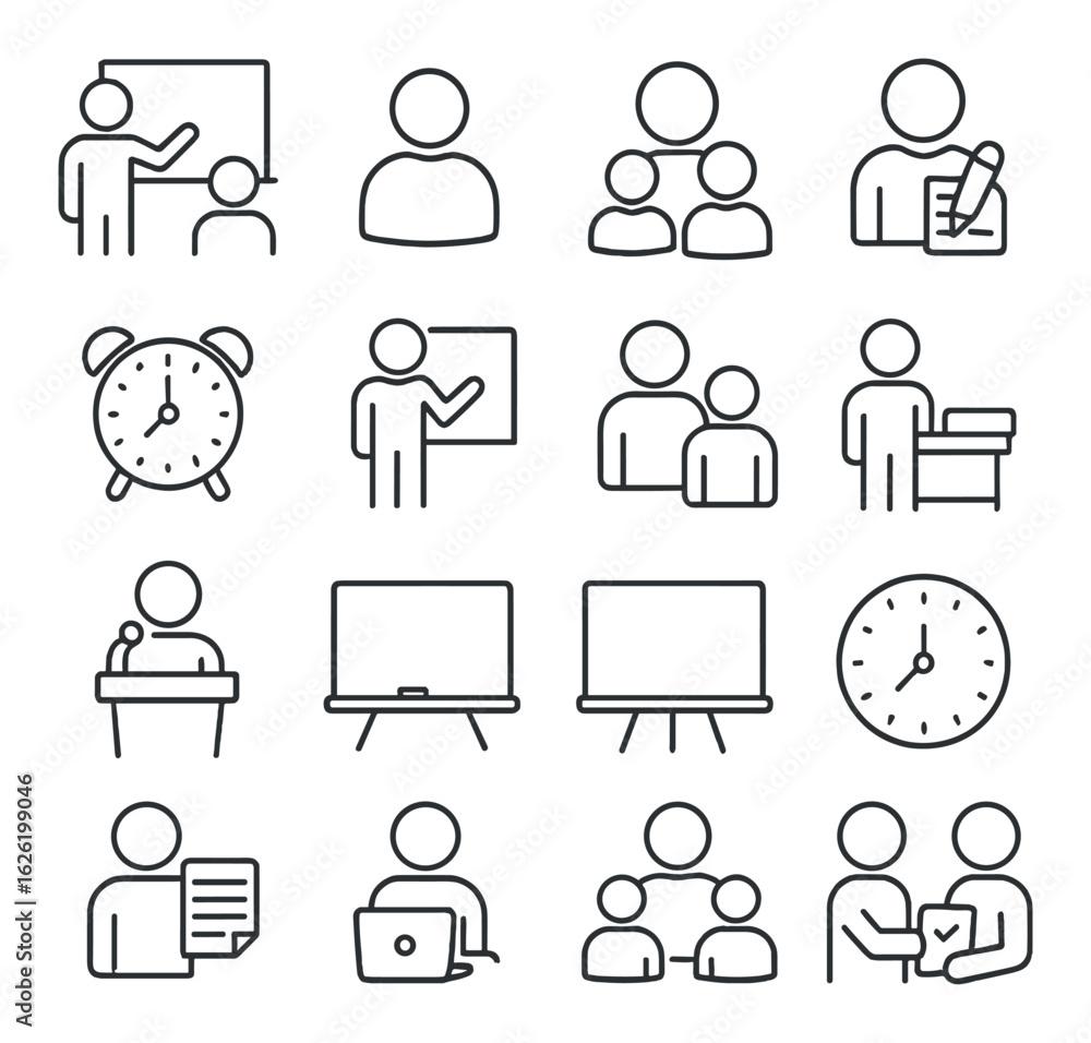 Minimalist line icons: classroom, office, presentation, teamwork, writing, technology Minimalist line icons: classroom, office, presentation, teamwork, writing, technology