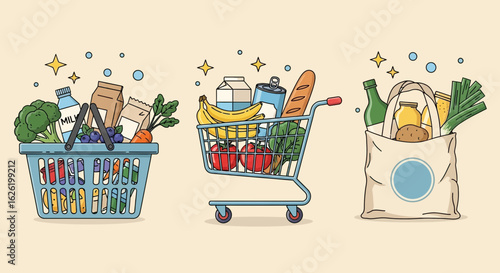 Shopping basket, cart, and bag full of fresh groceries
