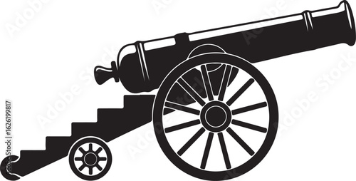 Black silhouette of historical cannon with wheels and ramp artillery weapon