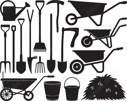 Garden tools and equipment silhouette collection watering gardening vector