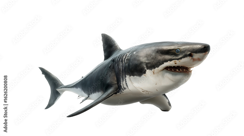 Fototapeta premium A fearsome great white shark swimming. The image captures the power and majesty of this apex predator in the ocean. The shark is a symbol of power and danger