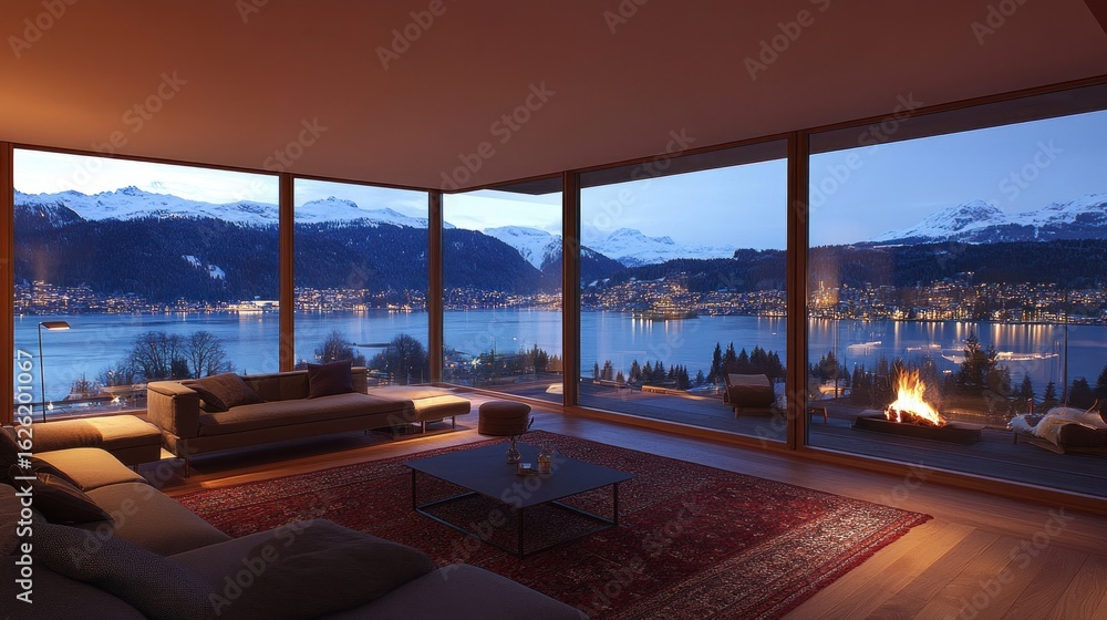 Fototapeta premium Modern living room with panoramic lake views at dusk