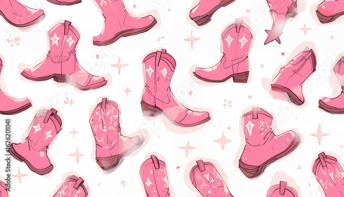 Pink Cowboy Boot Illustration in a Fun Seamless Pattern with Sparkles on a White Background