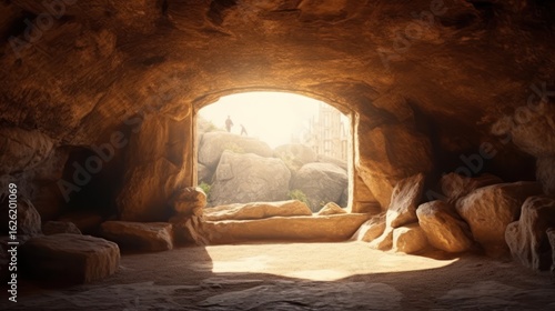 Wallpaper Mural A cozy, dimly lit cave, illuminated by a warm, glowing light emanating from the entrance, revealing an enchanting natural scene with rocky formations, lush foliage, and a tranquil atmosphere, in the s Torontodigital.ca