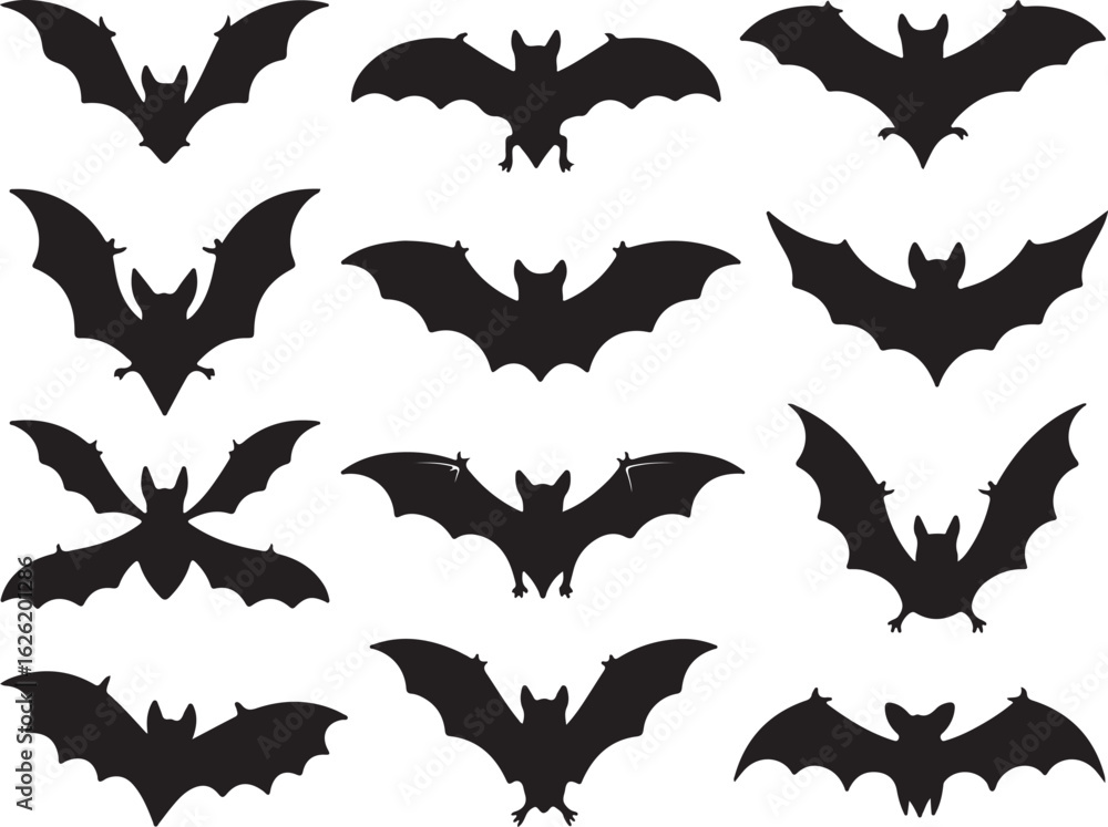 Naklejka premium Numerous black bat silhouettes flying against a white background vector wings