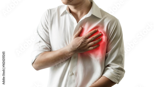 Man clutching chest experiencing sudden pain or heart attack, symbolizing health issues, medical emergencies and cardiovascular disease awareness