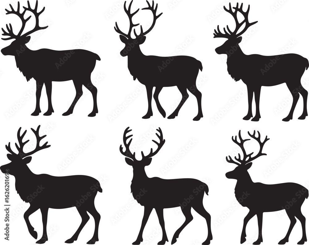 Naklejka premium Six black reindeer silhouettes with large antlers animal