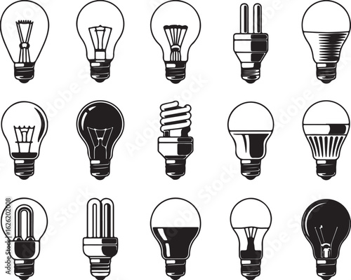 Various light bulb types and designs electricity illumination technology