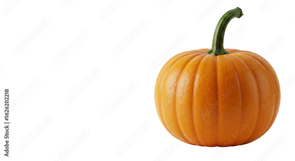 Obraz premium A pristine vibrant orange pumpkin with distinct ridges and green stem, on pure transparent, photorealistic studio still life, high-key, autumnal abundance concept.
