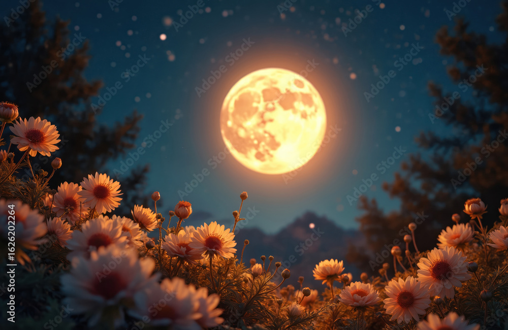 Fototapeta premium Bright full moon illuminates delicate orange and yellow flowers at night. Stars sparkle in the dark sky. Serene scene with romantic, dreamy atmosphere. Nature beauty unfolds under celestial glow.
