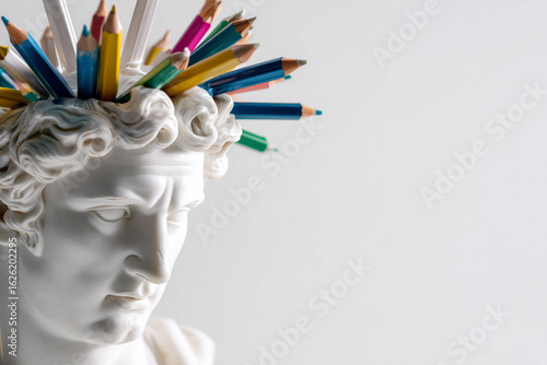 Statue of a Greek god with pencils in his hair. A man with pencils in his head. Concept: learning, creativity, beginning of the school year.