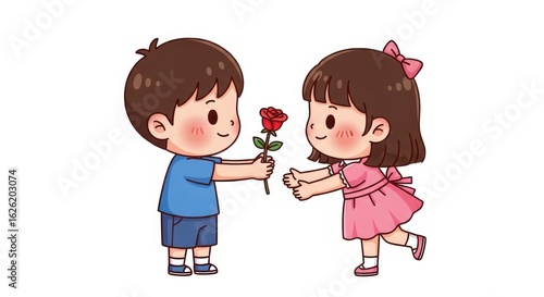 Cute cartoon boy giving a rose to a girl isolated on white background