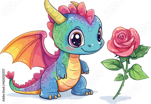 Adorable baby dragon with colorful scales and wings next to a blooming pink rose