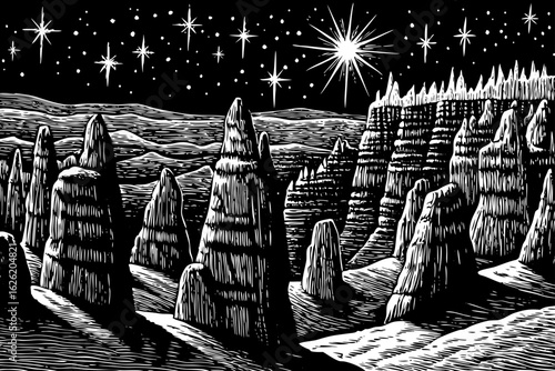 Starry sky above Bryce Canyon hoodoos at night, black and white line art illustration