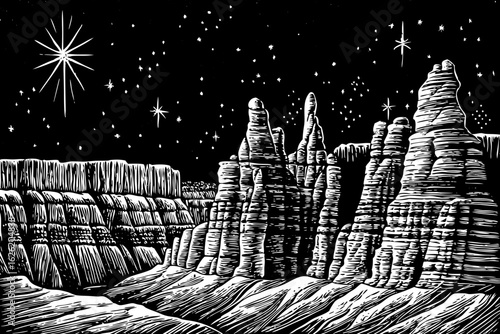 Starry sky above Bryce Canyon hoodoos at night, black and white line art illustration