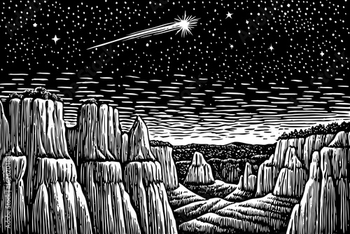 Starry sky above Bryce Canyon hoodoos at night, black and white line art illustration