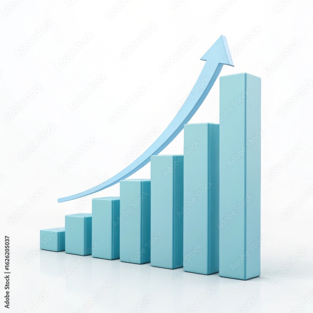 Rising blue bar chart with upward arrow isolated on white background Rising blue bar chart with upward arrow isolated on white background