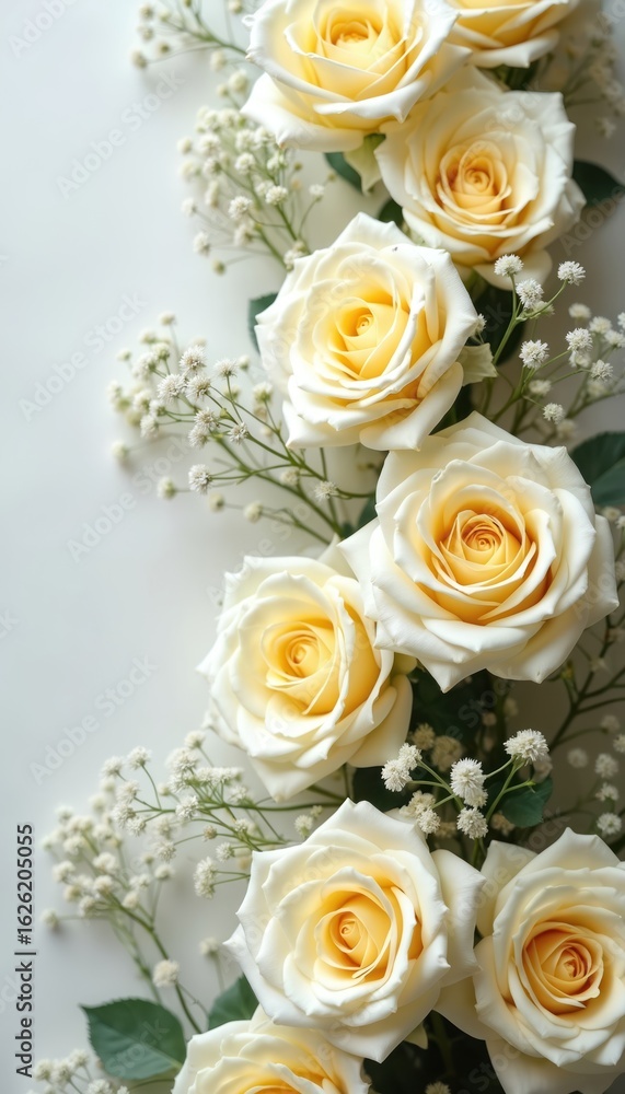 Pale yellow and white roses with baby breath create a delicate floral border. Soft pastel colors lend a romantic, dreamy aesthetic perfect for wedding invitations, greeting cards, or spring designs. Pale yellow and white roses with baby breath create a delicate floral border. Soft pastel colors lend a romantic, dreamy aesthetic perfect for wedding invitations, greeting cards, or spring designs.