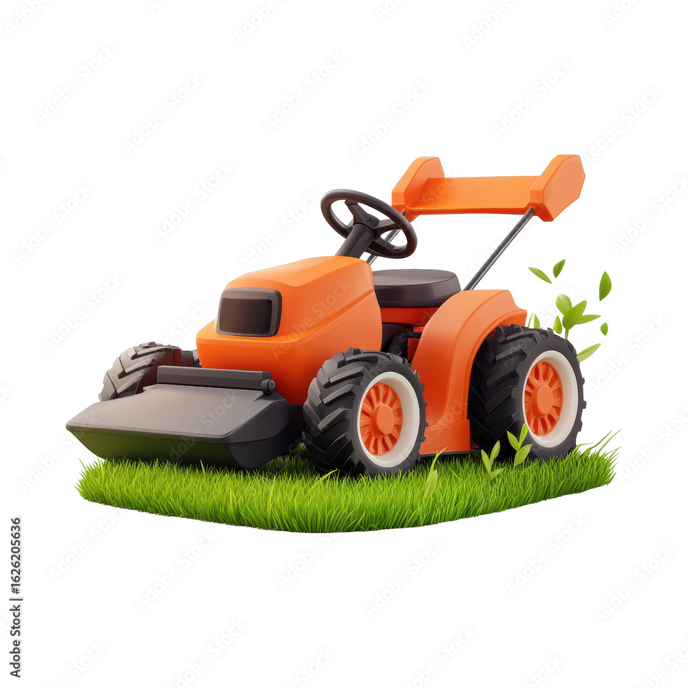 Fototapeta premium Colorful cartoon lawn mower on green grass patch