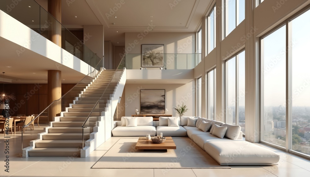 Obraz premium Spacious modern living hall features dramatic staircase with glass railings, expansive windows offering city views. Neutral tones, elegant wood accents create luxurious ambiance. Comfortable