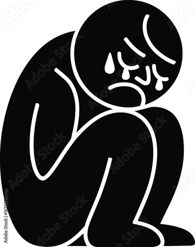 Depressed Crying Stick Figure Icon Vector - Sadness, Loneliness, Grief, Mental Health, Emotional Distress, Isolated on Transparent Background.