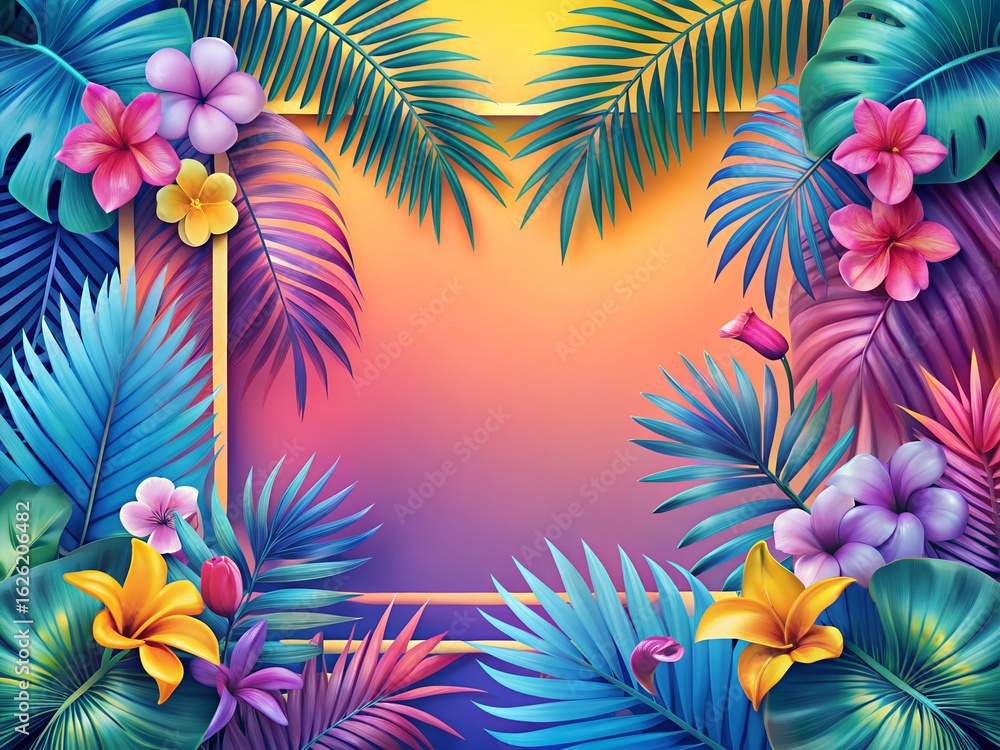 Naklejka premium Vibrant tropical frame with neon palm leaves and exotic flowers on a gradient background.
