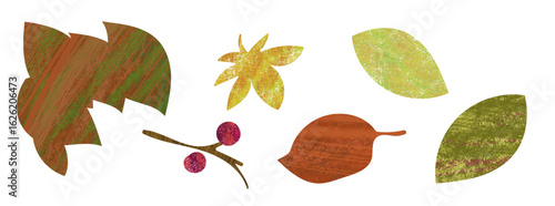 Autumn leaves and berries in collage and pastel style.