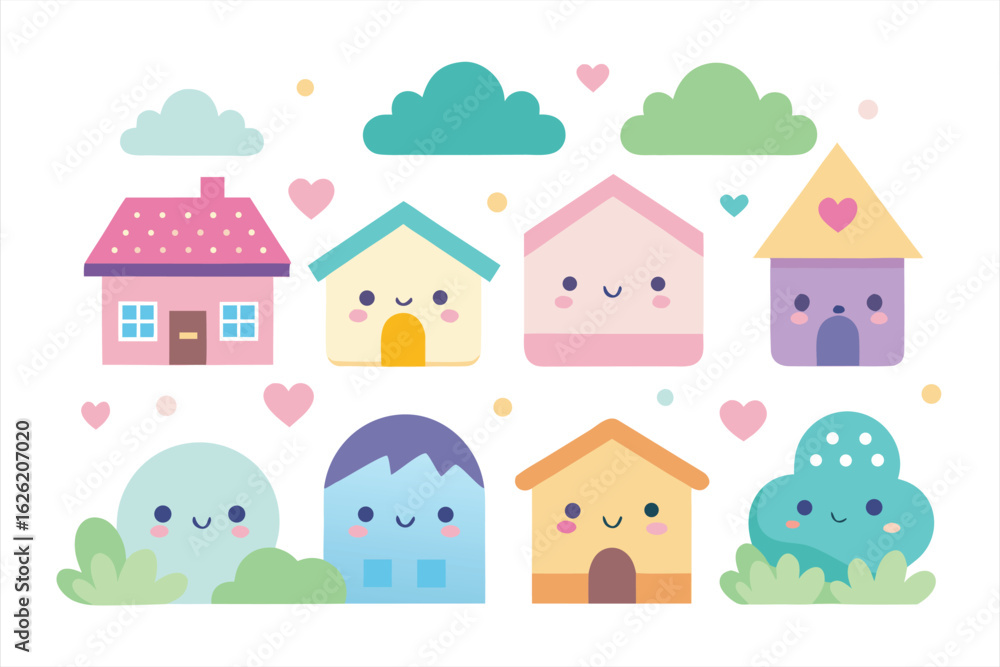 Obraz premium Collection of cute, kawaii houses and characters with hearts and clouds, isolated on white background