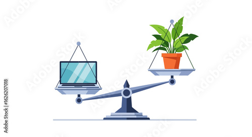 Balance Scale Comparing Laptop and Potted Plant.