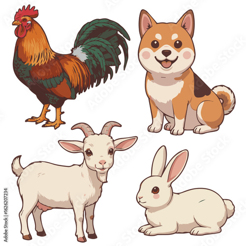 Illustration featuring a rooster shiba inu goat and rabbit arranged on a white background design element