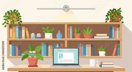 Cozy Home Office with Bookshelf Laptop and Plants.