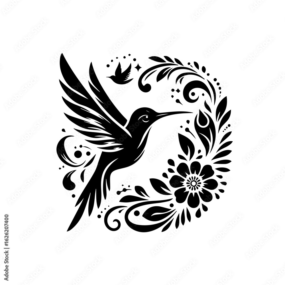 Obraz premium Elegant Hummingbird with Floral Decorative Elements.