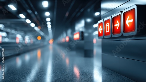 Underground metro tunnel, illuminated by red directional signs