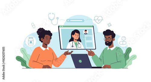 Diverse patients consulting with doctor via telehealth on laptop screen.