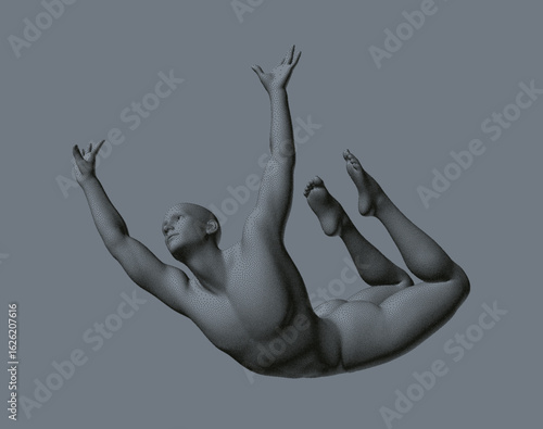 Jumping man. A man in weightlessness. Guy flying or falling in the air. 3D model of human body with stipple effect. Monochrome colouring. Vector illustration for poster, card, cover, brochure, etc.