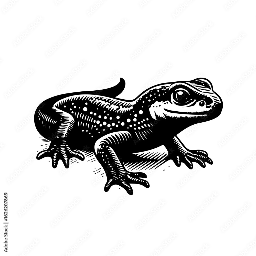 Fototapeta premium Stylized Black and White Gecko Woodcut Illustration.