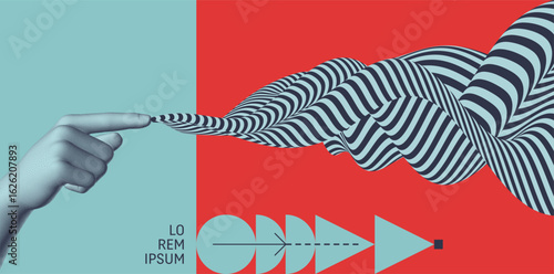 Concept of space and time control. Distortion of reality. Striving for the goal. Wave with optical illusion and swirl effect. Art composition. Vector for brochure, poster, cover, card, flyer or banner