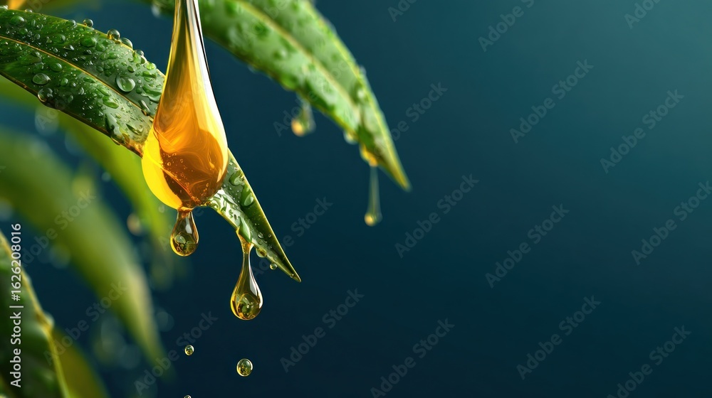 Fototapeta premium Golden liquid drips from leaves