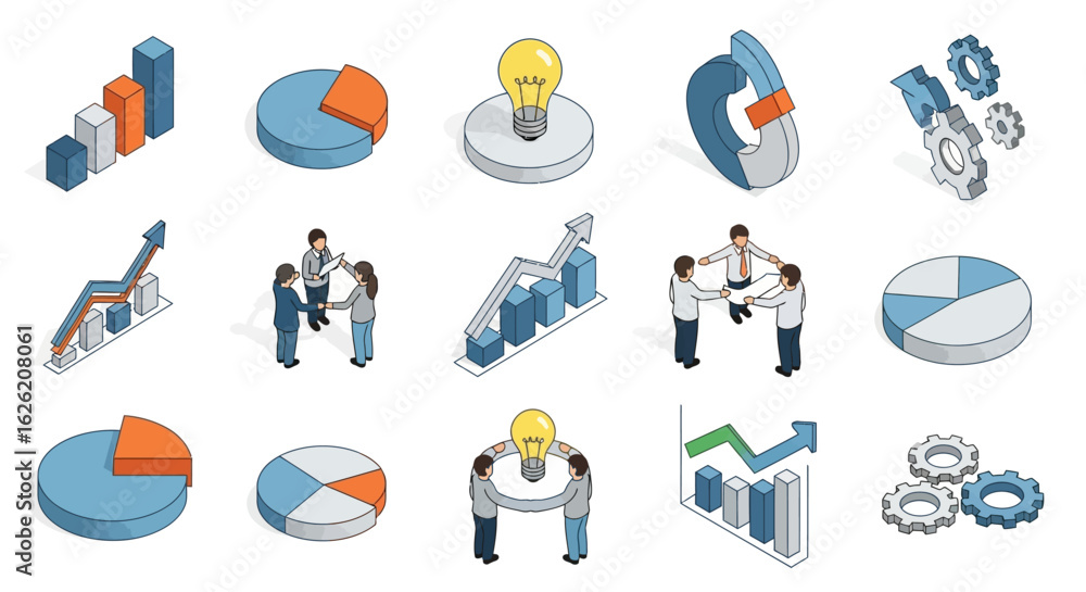 Fototapeta premium Isometric business icons representing growth teamwork and ideas.