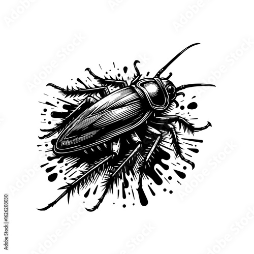 Stylized Cockroach Illustration with Ink Splatter.